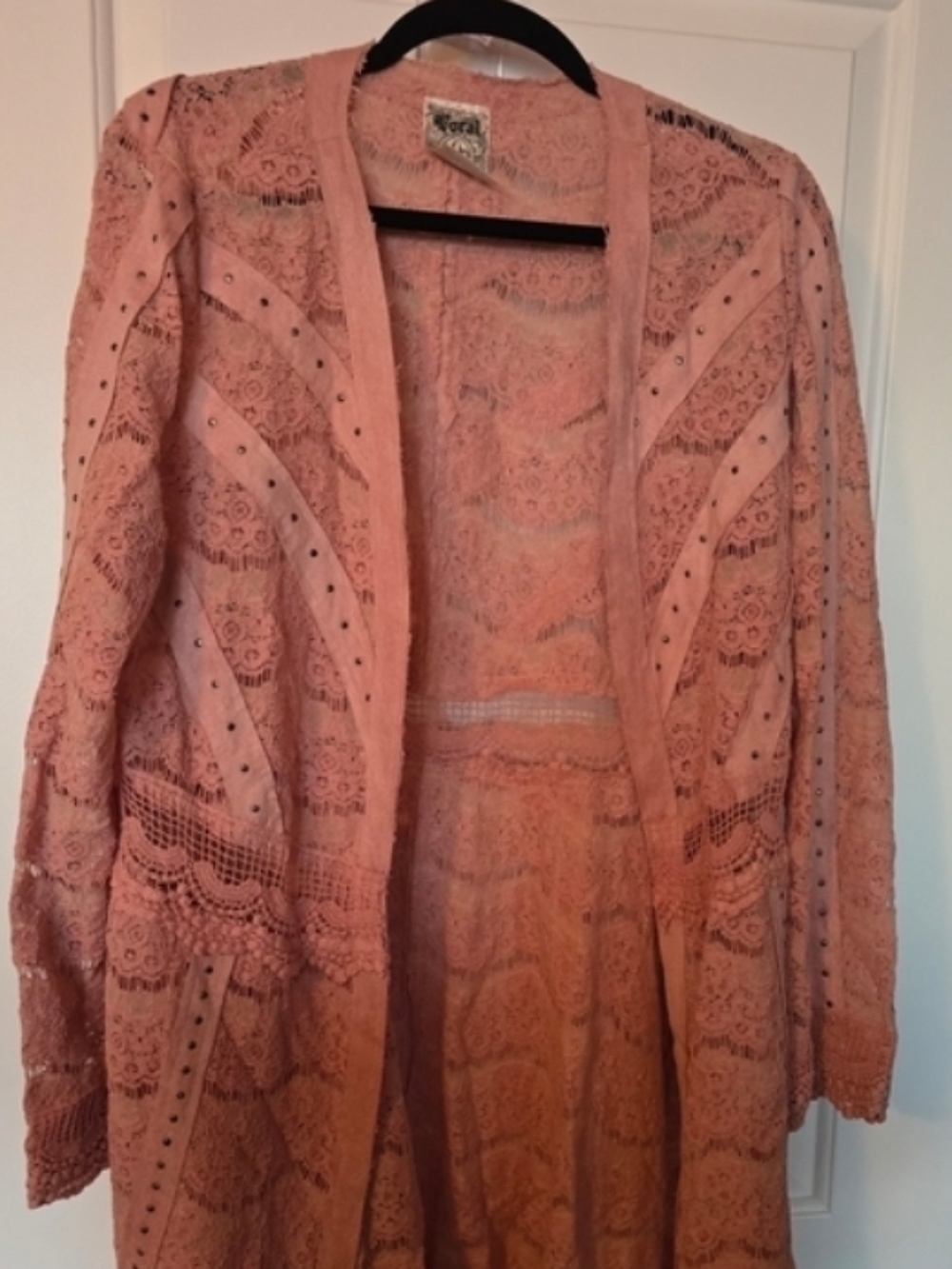 Vocal Pink Lace Open-Front Long Cardigan with Stud Trim